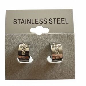 Boutique Stainless Steel Crystal Cross Huggie Earrings